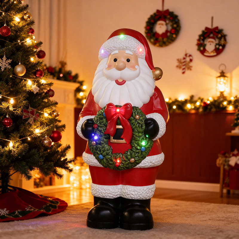Polyresin Santa with Wreath - Christmas Holiday Figurine